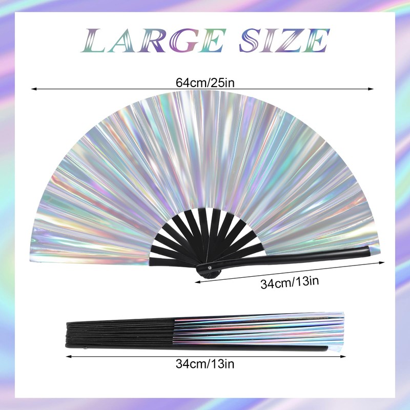 Grevosea Large Folding Hand Rave Fan, 13" Glitter Holographic Rave