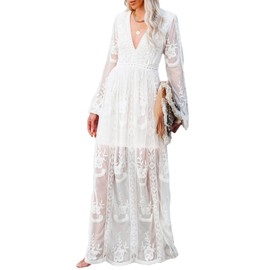 Women Fall V Neck Embroidered Lace White Maxi Wedding Dress Long Sleeve Brides Bridesmaid Wedding Guest Party Dresses
