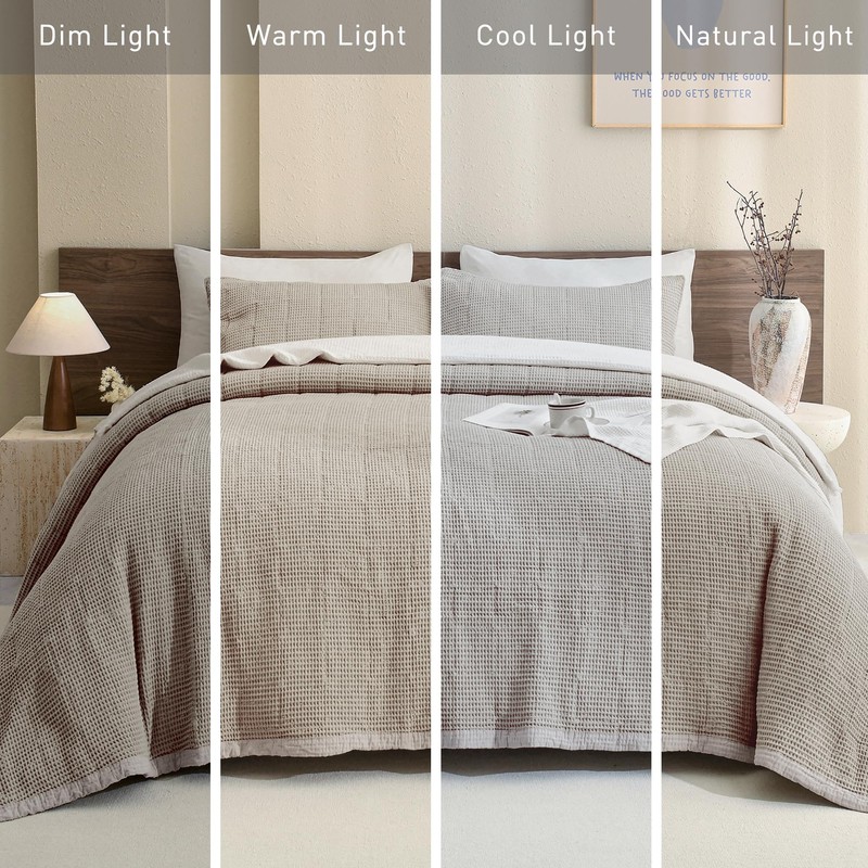 CozyTide 100% Cotton King Size Quilt(110x98 Inch),Dark Khaki Lightweight Waffle