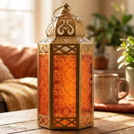 Vela Lanterns 12" Metal Moroccan Decorative Candle Lantern Holders for Hanging or Table, Indoor Home Decor, Outdoor Patio or Porch, Weddings, Gold, Amber Glass, Large
