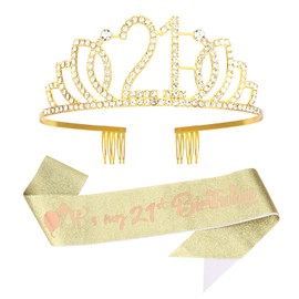 Amariver 21st Birthday Sash and Crown for Girls It’s My 21st Birthday Sash Gold Birthday Crown Rhinestones Birthday Tiara Happy Birthday Crown Gold Glitter Sash Birthday Decoration for Party Gifts