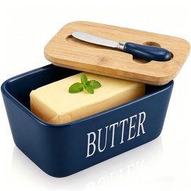 Large Butter Dish with Lid, Porcelain Butter Container with Spreader (Blue)