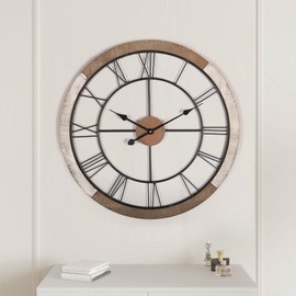 Oakrain Wall Clock for Living Room Decor, 27.5'' Big Clock for Office, Rustic Wall Clock Battery Operated, Distressed White Roman Numeral Clock, Round, Wood