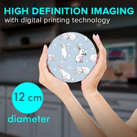 1 x Round Jumbo Size Coaster 12cm Cute Easter Bunny Pattern Rabbits Cork Backed MDF Glossy Tea Coffee Accessory #50658