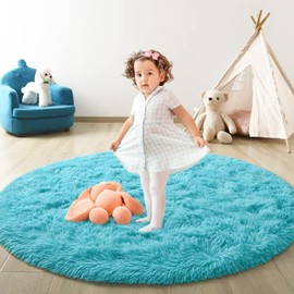 FlyDOIT Blue Round Rug for Bedroom, Super Fluffy Circle Rugs for Baby Nursery, 4'X4' Feet Furry Carpet for Children Kids Room, Cute Soft Shaggy Rug for Girls Home Decor, Fuzzy Plush Carpets for Dorm