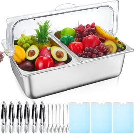Tessco 1 Set Countertop Food Serving Display Container Stainless Steel Condiment Dispenser Display Rack with Lid 6 Pcs Clamps 6 Pcs Spoons 3 Pcs Ice Boxes for Salad Buffet Restaurant (2 Compartments)