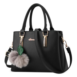 DEEVORCA Elegant Women Top Handle Bag Fashion Shoulder Bag with Cute Pompom Multi-Layer Pockets Handbags for Travel Shopping Casual Work Daily PU Leather Ladies Tote Satchel Bag Black