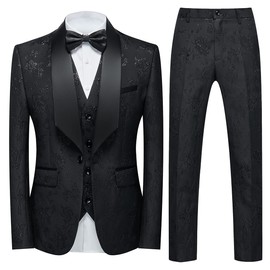 Tuxedo Suits for Men 3 Piece Regular Fit Suit Floral Pattern Blazer Jacket Waistcoat Pants Men Suit Set for Wedding Black
