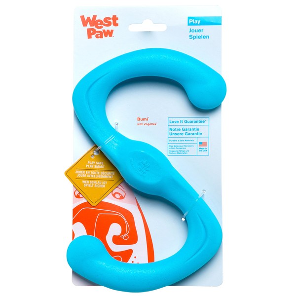 West Paw Zogoflex Bumi Dog Tug Toy – S-Shaped, Lightweight Chew Toys for Fetch, Play, Pet Exercise – Tug of War Soft Flinging Squishy Chewy Toy for Dogs – Guaranteed, Latex-Free, Small 8", Aqua Blue