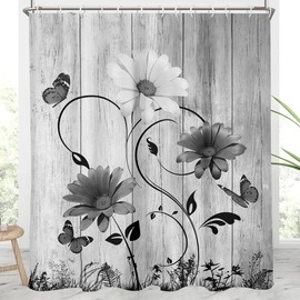 AAtter Black and White Floral Shower Curtain Grey Flower Rustic Vintage Butterfly Abstract Leaves Botanical Plant Extra Long 84 XL Large Home Bathroom Decor Bathtub Set with 12 Hooks, 72x84, Wooden