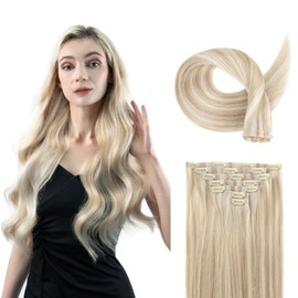 SOBEAUTY Clip in Hair Extensions, 100% Real Human Hair Remy Natural Volume Hair Extensions, Full Head Invisible PU-Tape Weft Seamless Hair Extension 110g 7 Pcs (Platinum Blonde P18A/613A 14 inch)