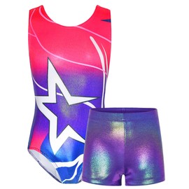 TENVDA Girls Gymnastics Leotards Matching Shorts Sets Size 4t 5t Metallic Sparkle Pink Purple Stars Tumbling Outfit Bodysuit