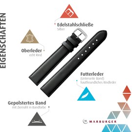 MARBURGER Watch Strap 20 mm Leather XL Smooth with Stitching Tool Assembly Set 66020, Black/silver, Strap.