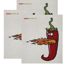 Hot Chili Pepper Design Set of 3 Each Swedish Dishcloths | Eco Friendly Cleaning Absorbent Cloth Eco Friendly Cleaning Wipes
