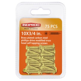 INDOROD #10 x 3/4" Truss Head Phillips Wood Screw (75 Pack), Brass Plated Screws, Self Tapping Wood Screws, Modified Truss Head, Brass Screws for Wood, 10 x 3/4 Inch, Gold