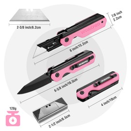 WORKPRO 2-in-1 Folding Knife/Utility Knife, Quick-Change Box Cutter with Belt Clip, Liner Lock, and G10 Handle, Extra 10 SK5 Blades Included, Pink