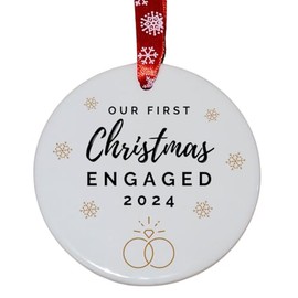 Second Ave First Christmas Engaged White Ceramic Hanging Circle Christmas Xmas Tree Decoration Bauble