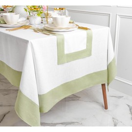 Solino Home Linen Tablecloth 120" L x 60" W Inch – 100% Pure Linen Sage Green and White Tablecloth – Farmhouse Dining Rectangle Tablecloth for Fall, Thanksgiving, Christmas, Winter – Contempo