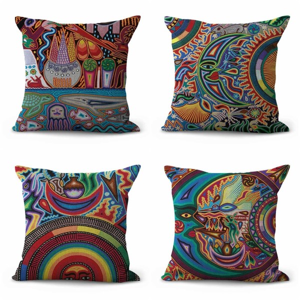 set of 4 indigenous Huichol Mexico art cushion covers at home store