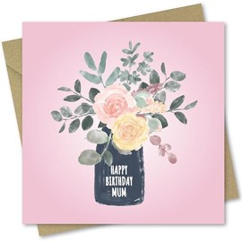 Birthday Card for Mum. Flowers in Vase Design. Card with Kraft Envelope. 150x150mm when folded.