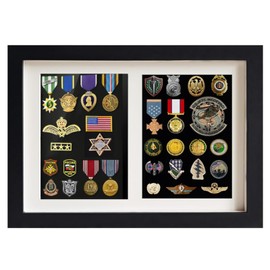 Shadow Box Medals Display Case,Wooden 12.9" X 9.4" Pin Military Display Case,with 5X7 Photo Frame,98% UV Protection (Black) ﻿ ﻿