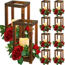 Hushee 30 Pcs Integrated Wedding Lantern Centerpiece Rustic Wooden Holder with Candles and Rings Farmhouse Candle Lantern Decor for Home Valentine Wedding Party Table Decor (Brown and Red)