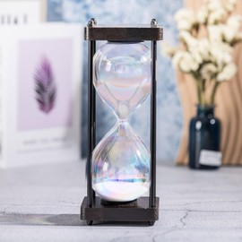 Rainbow Hourglass Timer 60 Minute, Wooden Frame Decorative Sand Timer (White Sand, Large Size)