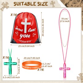 yasuwekik 48 Pcs Bible Verse Party Favors Includes 16 Jesus Loves You Drawstring Backpack 16 Bible Verse Bracelets 16 Cross Necklaces for Operation Christmas Shoebox Gift Easter Vacation Bible School