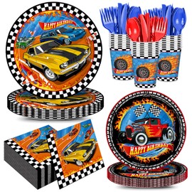 168pcs Racing Car Birthday Party Decorations Race Car Plates Napkins Disposable Parper Cups Blue Forks Tableware Set Party Supplies for Kids Boys Birthday Decor 24 Guests