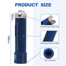 HIGHDRIL Diamond Core Drill Bit,Diameter 1inch/25mm with 5/8-11 Thread,Dry Hole Saw with Side Protection for Coring or Making Holes in Granite,Marble,Hard Stone