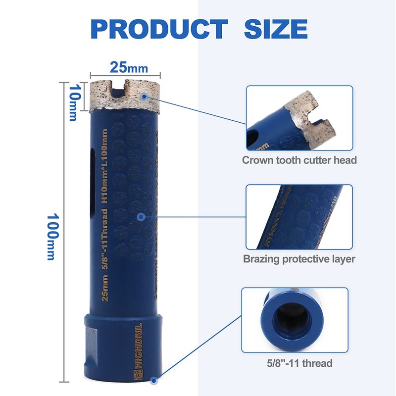HIGHDRIL Diamond Core Drill Bit,Diameter 1inch/25mm with 5/8-11 Thread,Dry Hole