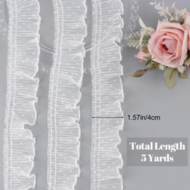 URROMA 5 Yards White Mesh Ruffle Lace Polka Dot Lace Trim Vintage Edging Fabric Applique for Costume Sewing DIY Lamp Shade Wedding Decors,4 cm