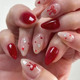 IMRAIN Valentine's Day Press on Nails Almond Medium Fake Nails with Bow Charm Designs Cute Red False Nails Full Cover Glossy Nude Glue on Nails for Women Girls