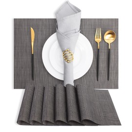 MOSAYT Plastic/Vinyl Placemats Set of 6 - Woven Heat Resistant Place Mats, Washable Outdoor Patio Table Mats for Kitchen/Dining/Party(12 x 18 inch, Dark Grey)