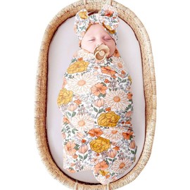 DRESHOW BQUBO Newborn Floral Receiving Blankets Newborn Baby Swaddling with Headband Sleepsack Toddler Warm