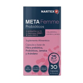 Nartex Wellness | Meta Femme Probióticos 30 Cápsulas – Suplemento Alimenticio con 25 Mil Millones de Cultivos Activos, Prebióticos, Fibra y Antioxidantes Naturales