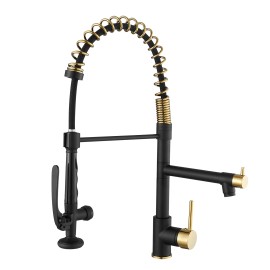 FLG Brushed Nickel Kitchen Faucet Single Handle Spring Faucet with Pull Down Sprayer Water Tap Mixer Desk MountedColor: balck with gold, Surface Finishing: Stainless Steel