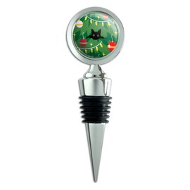 Black Cat Hiding in Christmas Tree Wine Bottle Stopper