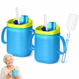 2PCS Elderly Spill Proof Cups, 280ML Unspillable Cup with 2 Handles & Straw