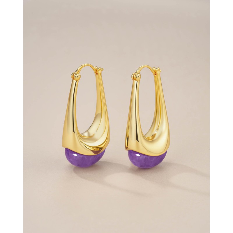 Long Oval Chunky Dangle Gold Hoops with Colored Resin Gemstone