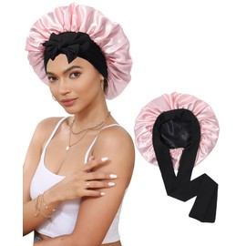 Satin Bonnet Silk Bonnet for Sleeping Silk Sleep Cap Double Layer Hair Bonnet with Elastic Tie Band for Curly Hair Night Cap (Black + Peach Pink)