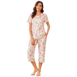Ekouaer Women's Pajamas Set Short Sleeve Sleepwear 6 Piece Round Neck Top Capri Pants Loungewear with Pockets White/Pink Flower XXL