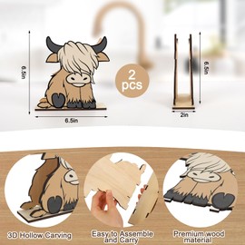 FYSUIMU 2 Pcs Wooden Highland Cow Napkin Holder Standing Brown Wooden Paper Holder Napkin Tissue Dispenser for Dining Room Cocktail Kitchen Table Countertop Decor