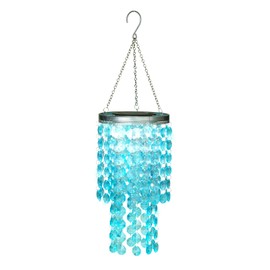 Hanging Solar Lantern Outdoor, 2 Tiers 21” Solar Blue Acrylic Beaded Chandelier with Cool White LED S Hooks for Garden Yard Patio Gazebo Outside Decor