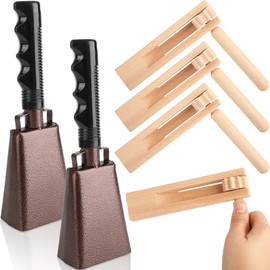 6 Pcs 9 Inch Cowbell Noise Makers Set 4 Wooden Spinning Rattle Ratchet Mexican Matraca 2 Steel Cowbell with Handle for Sporting Events Football Game Musical Percussion Instrument (Color Style 1)