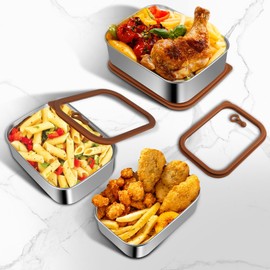 Pulreiush 3pcs Stainless Steel Food Storage Container Set With Lids - Easy Clean, Smell-Proof, Airtight & Leakproof Containers - 3Sizes (21oz/42oz/70oz) - 304 Stainless Steel