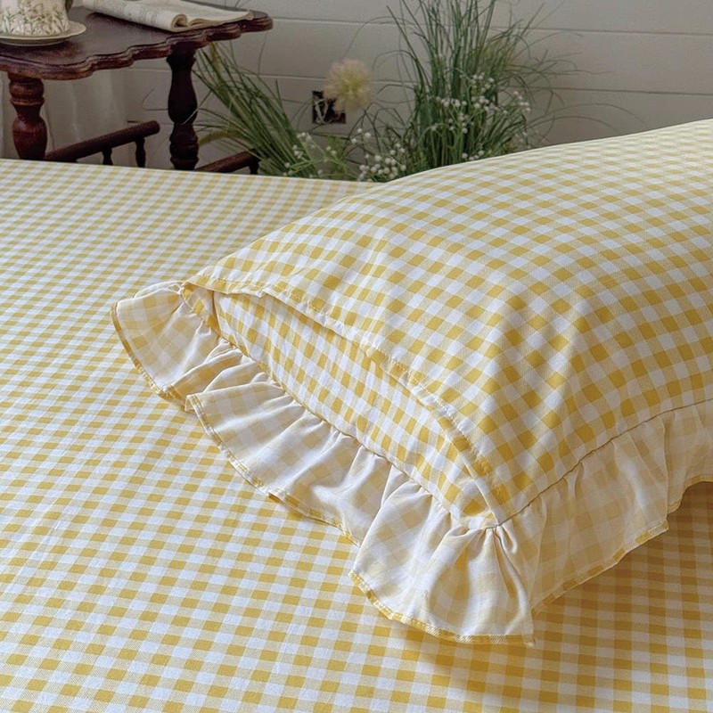 NSNLGSGC Yellow Ruffled Plaid Gingham Standard Size Pillow Shams 20"x26",