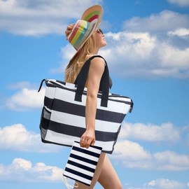 ABAMERICA Beach Bags Waterproof Sandproof Beach Tote Pool Bag with Zipper 7 Pockets Cosmetic Bag, Large Self Standing