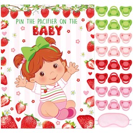 Faccito Strawberry Baby Shower Game Set Pin The Pacifier Games Include Sweet Poster Blindfold 24 Pacifier Stickers for Sweet Strawberry Birthday Party Decorations Baby Shower Activities Supplies