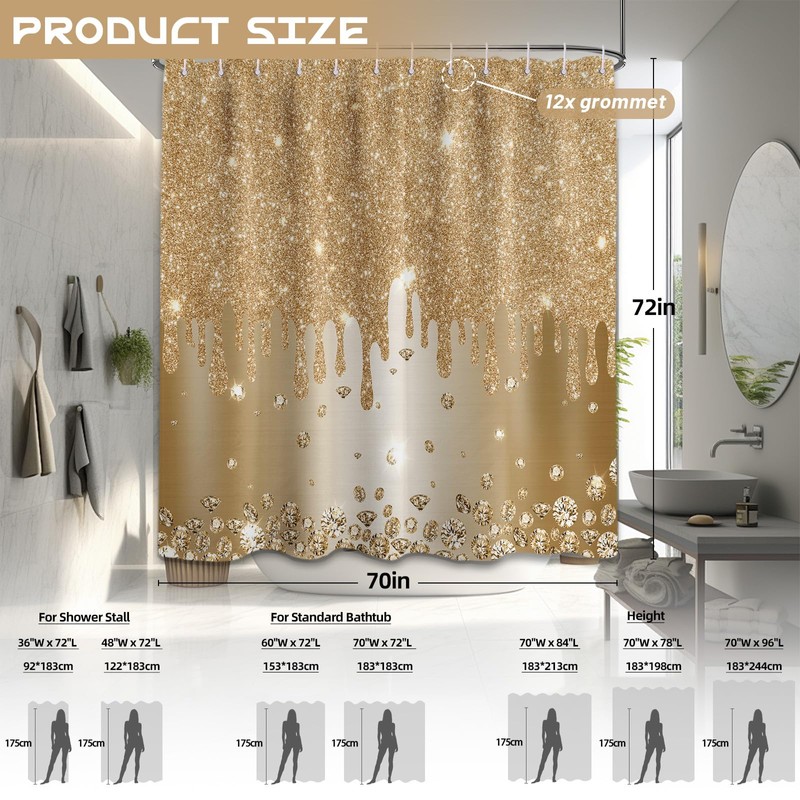 Yieldeer Gold Shower Curtain Sparkle Shimmer Bling Sparkly Bathroom Decor